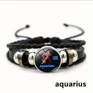 Aquarius Zodiac Bracelet‎ Handwoven Wax Rope and Leather Unisex